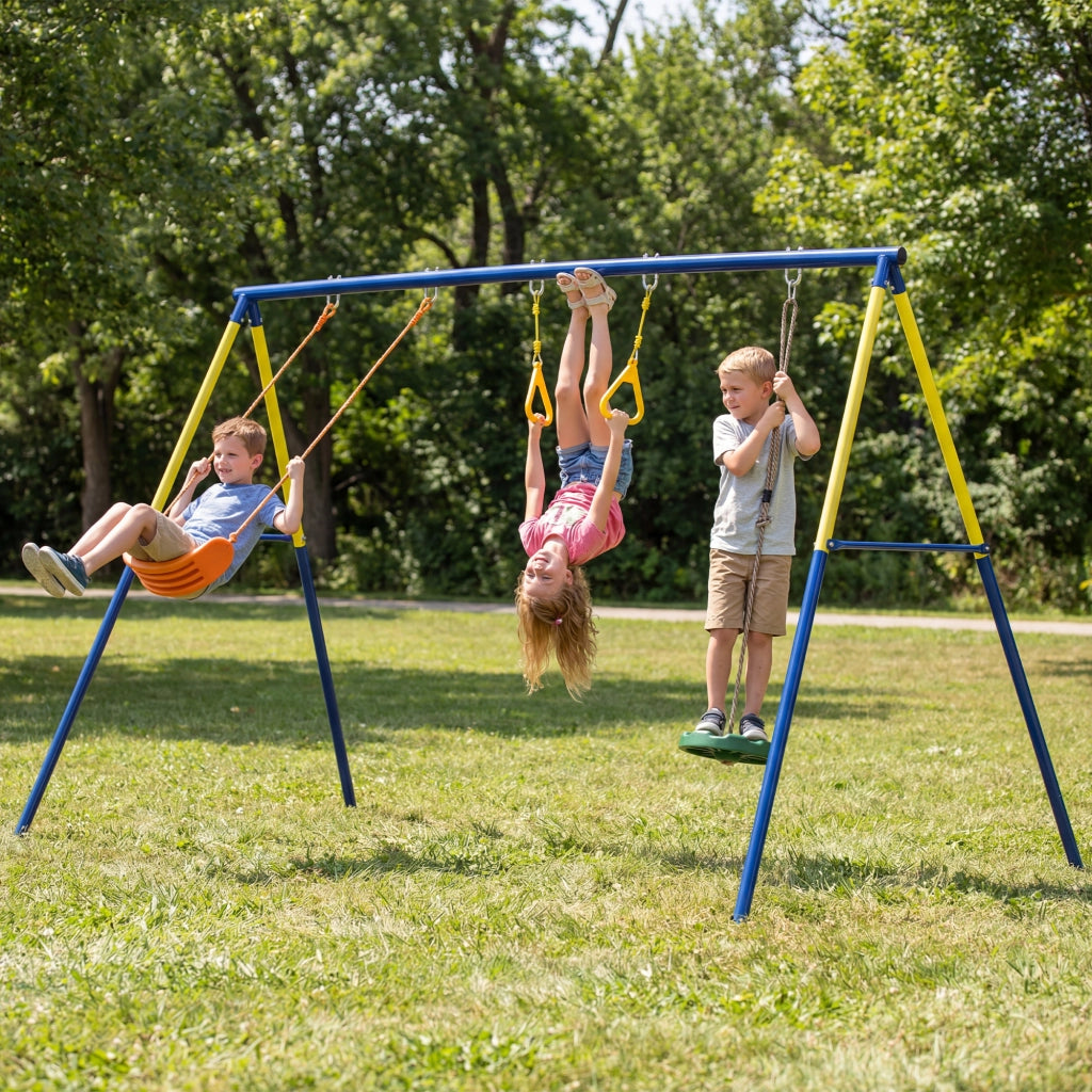 Altalena 3 in 1 per bambini con anelli ginnastica e sedile classico ¨C Xylo ¨C struttura metallo 285x160x181 cm