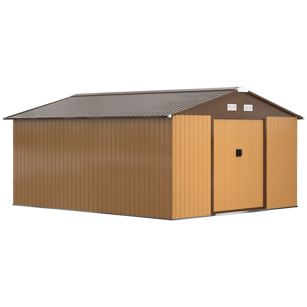 Casetta da Giardino con 2 Porte Scorrevoli e 4 Prese d'Aria in Acciaio, 340x386x200cm, Giallo