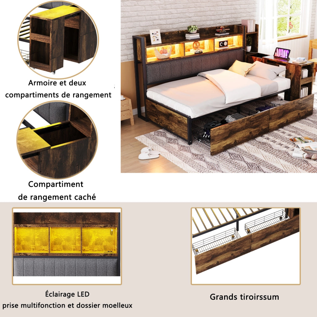 OKWISH Letto a Divano 90×200 cm, Letto Singolo con 2 Cassetti, Prese e LED, Scrivania Estraibile, senza Materasso, Legno Naturale