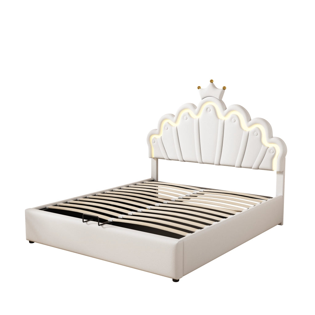 Letto contenitore 140 × 200 cm con illuminazione LED regolabile e testiera imbottita in similpelle bianca