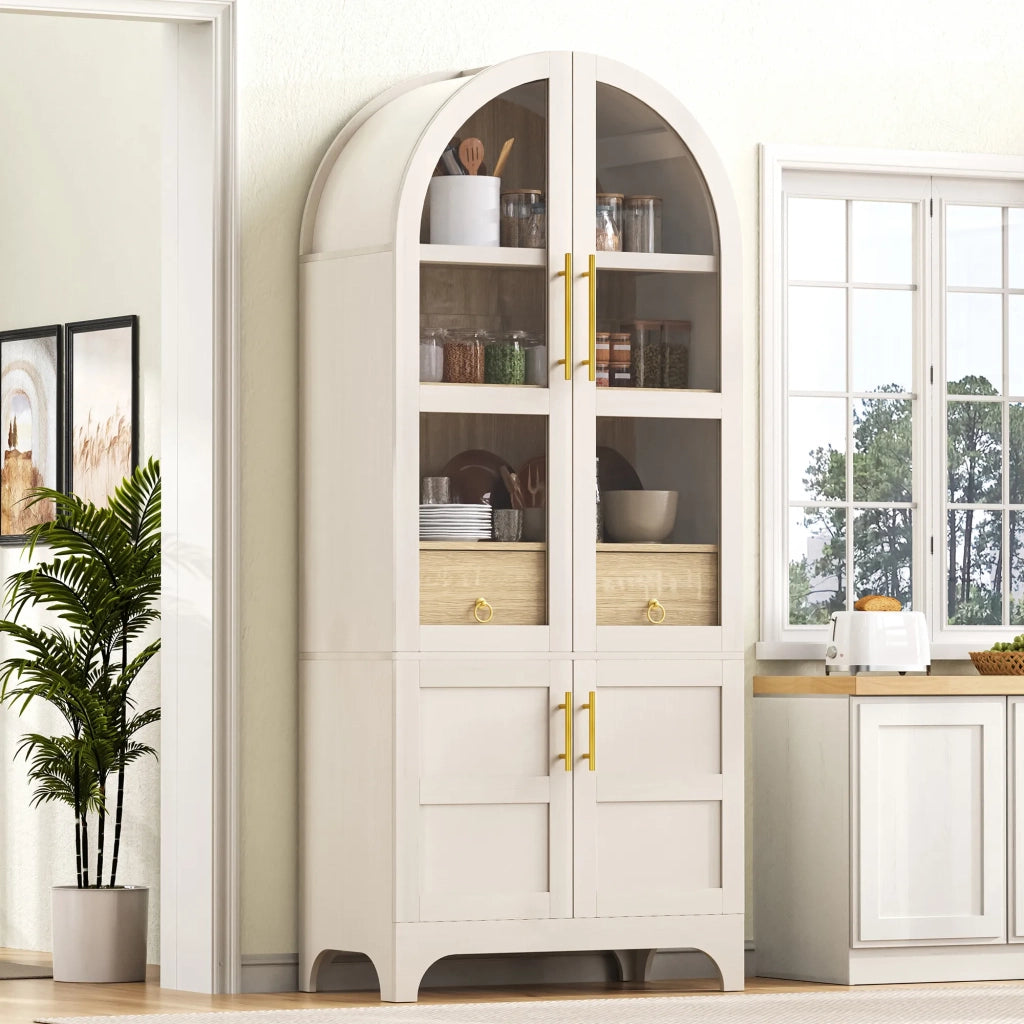 Highboard bianco con ripiani regolabili, cassetto e vetro scanalato. Mobile cucina con ampio spazio contenitore per soggiorno, sala da pranzo e cucina