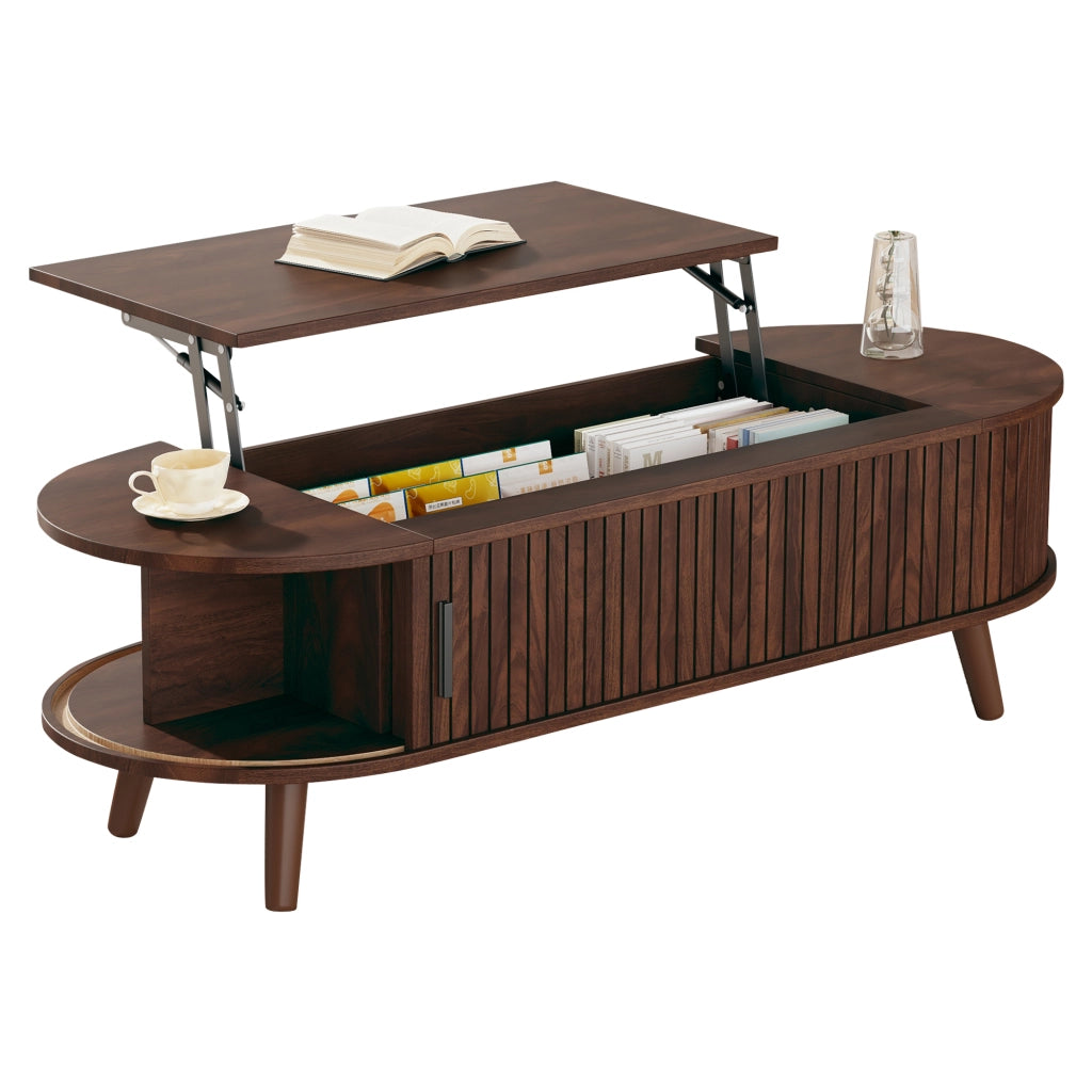 Tavolino da salotto elevabile con vano nascosto e 4 ripiani laterali, in MDF, noce, 120 × 50 × 39.5 cm