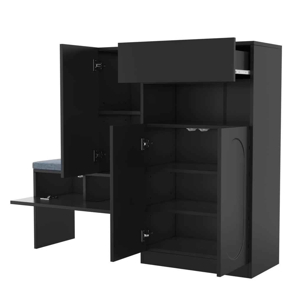 Scarpiera 2-in-1 con seduta imbottita, ante curve soft-close, ripiani regolabili, nero, 130×35×110 cm