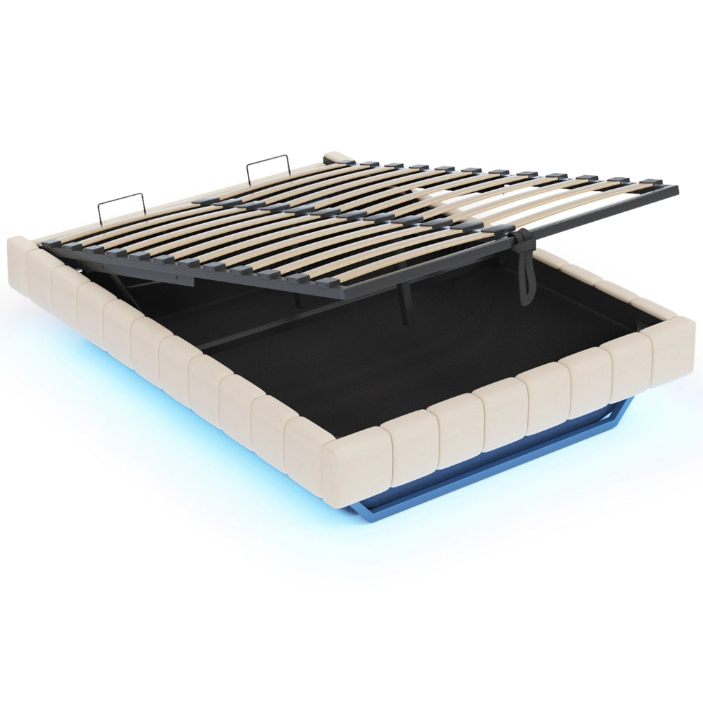 Letto imbottito sospeso 160x200 cm con contenitore, LED e struttura in metallo, Beige