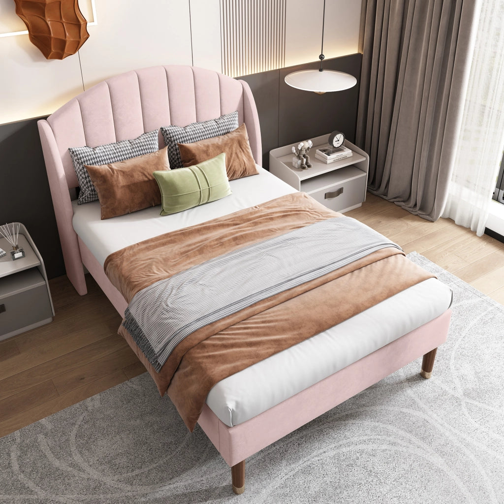 Letto imbottito 90 × 200 cm con rete a doghe e testiera rivestito in velluto rosa