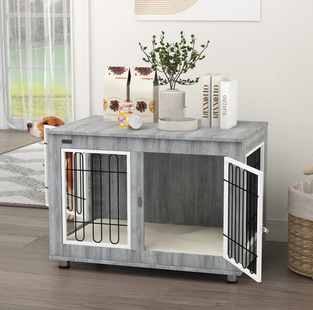 Gabbia per cani ULEVR 90x58x65 cm con 2 porte, cuscino lavabile e piedini regolabili, grigio