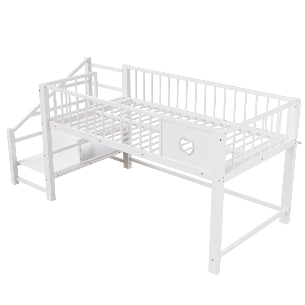 Letto a Soppalco Basso per Bambini Singolo 90x200 cm Struttura in Metallo Bianco con Scala Contenitore