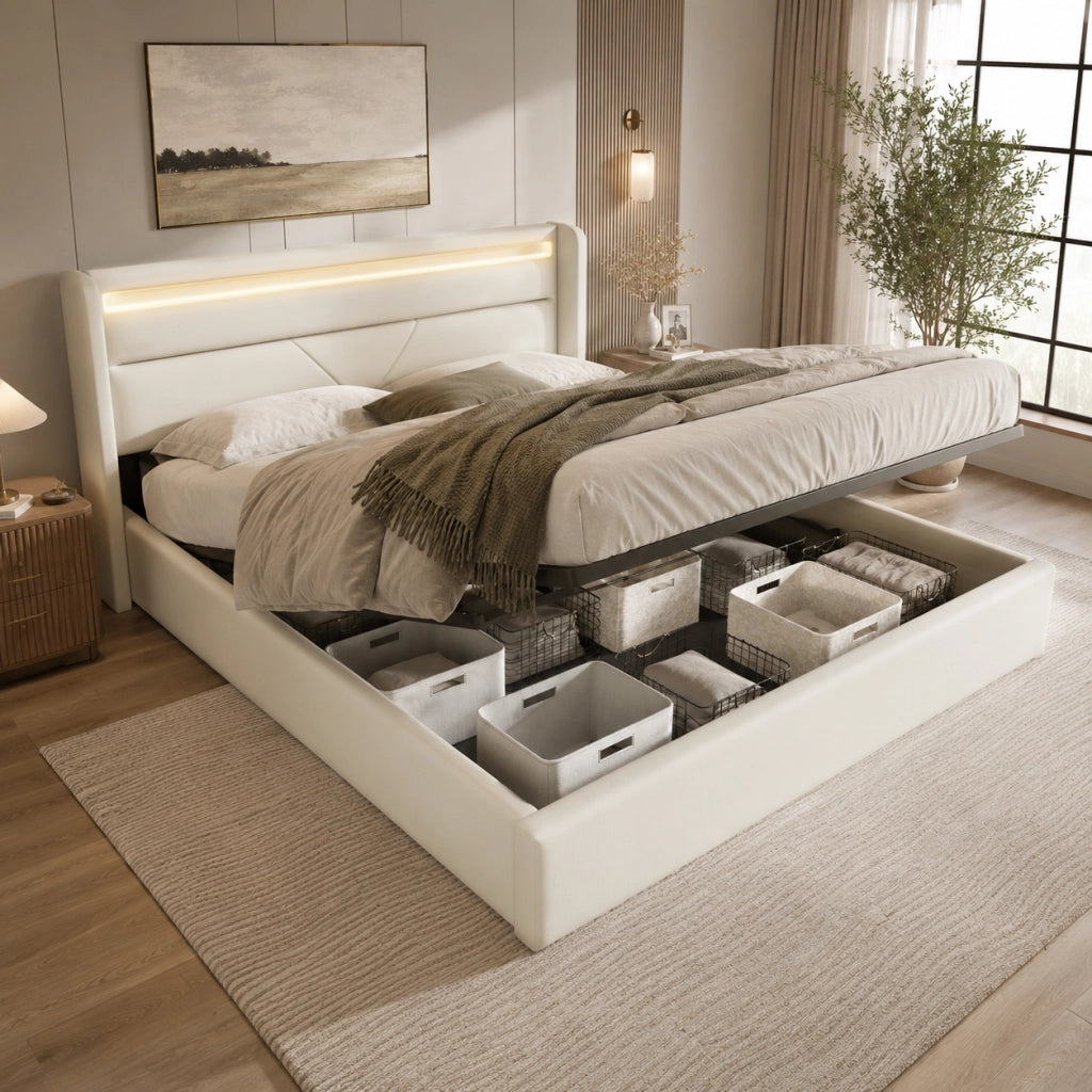 Letto matrimoniale imbottito 160 × 200 cm con contenitore idraulico LED telecomando in PU bianco rete a doghe