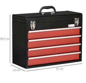 Cassetta porta attrezzi in acciaio con 4 cassetti e serratura 51x22x39,5 cm nero e rosso