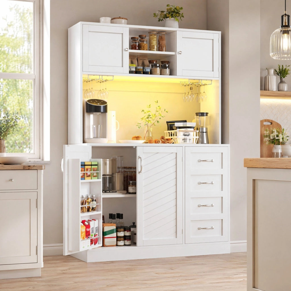 Credenza alta 120x40x188 cm in MDF con LED, 4 ante, 2 cassetti e vani porta bottiglie per cucina