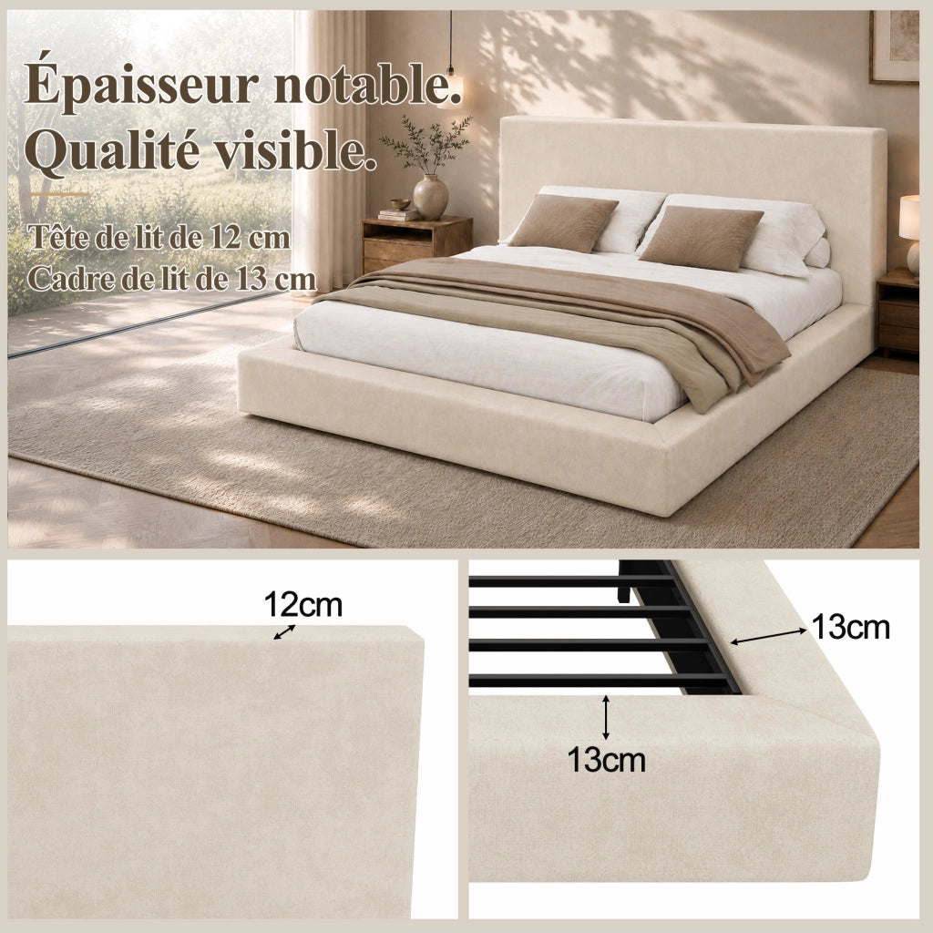 Letto matrimoniale 160 x 200 cm in ciniglia beige, letto imbottito con rete a doghe, testiera trapuntata spessa e struttura rinforzata