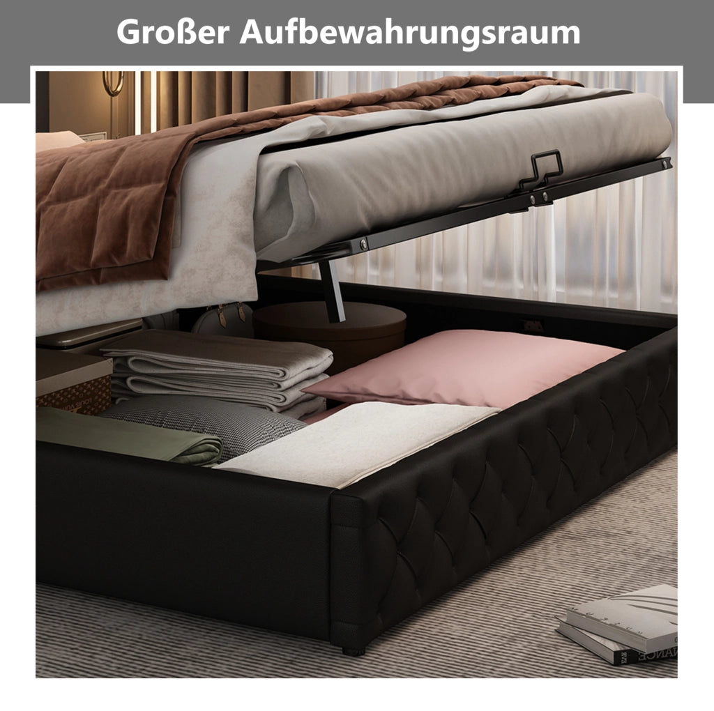 Letto matrimoniale imbottito 160x200 cm con contenitore e LED; rivestimento in PU nero