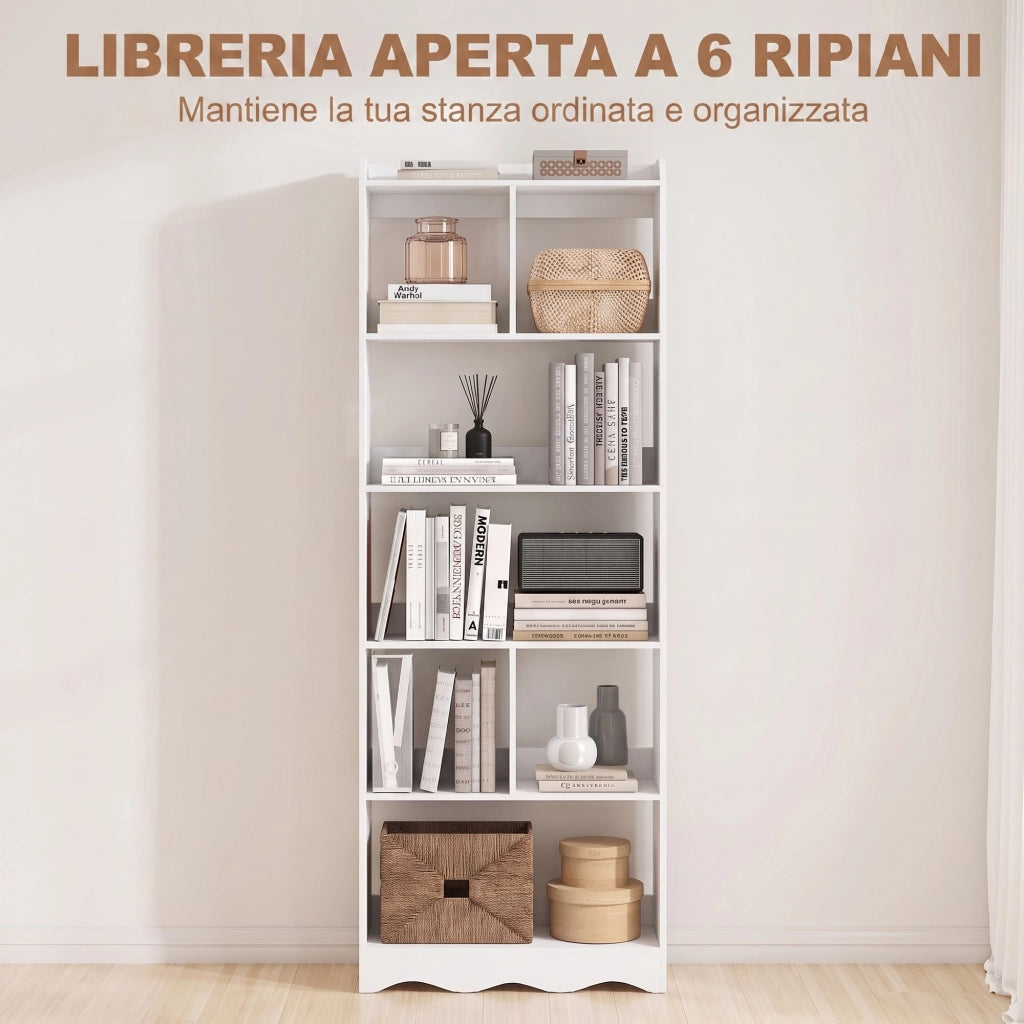 Libreria bianca a 6 ripiani aperti in pannello truciolare melaminico; verticale salvaspazio per soggiorno e studio