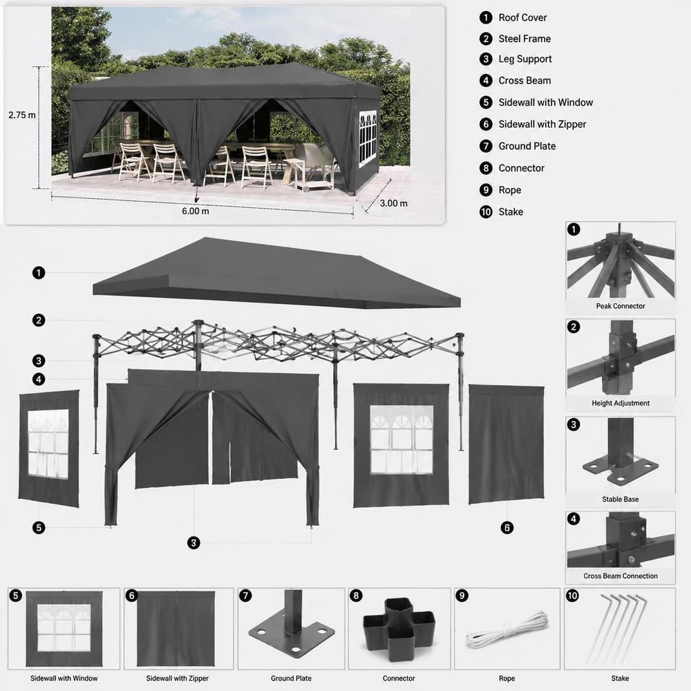 Foldable Party Tent With Side Walls, Anthracite, 3x6 M