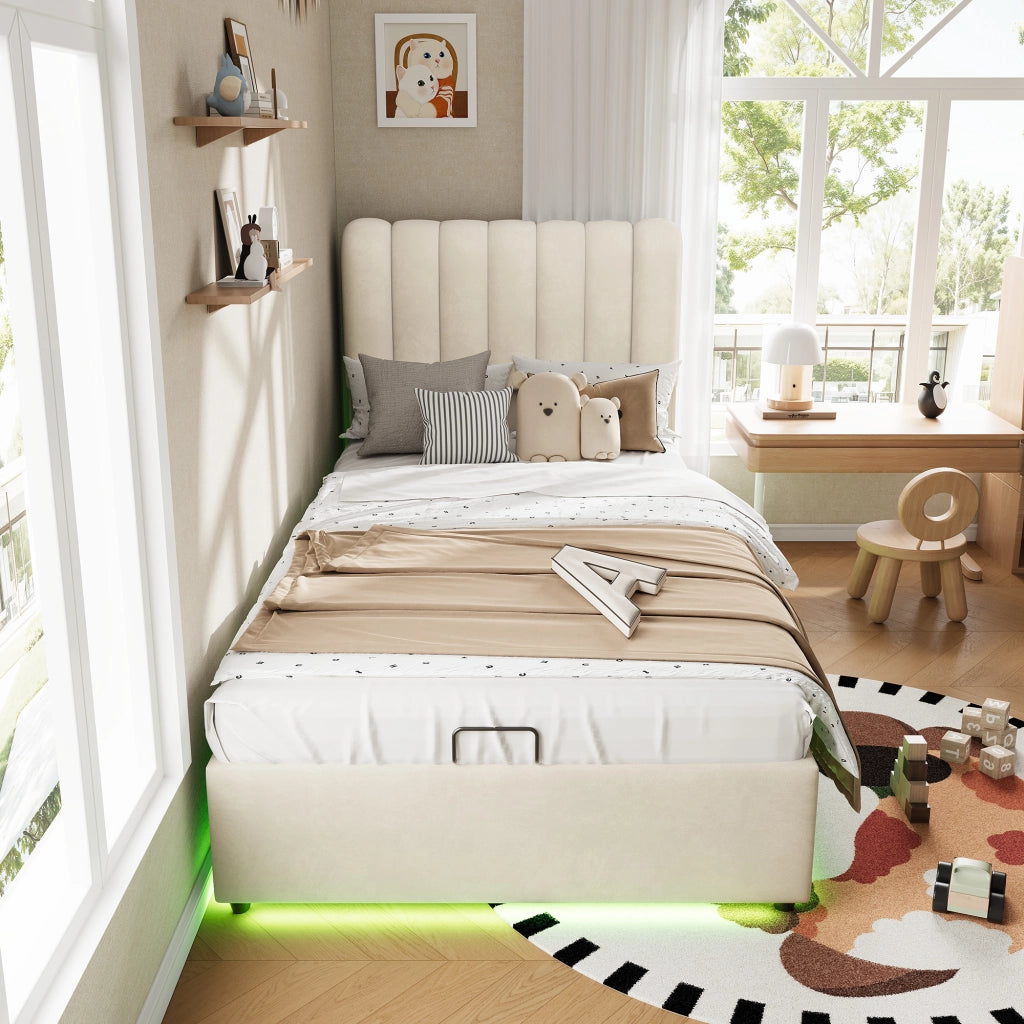 Letto contenitore per bambini 90 × 200 cm con vano idraulico, 3 cassetti e luce LED, senza materasso, velluto beige