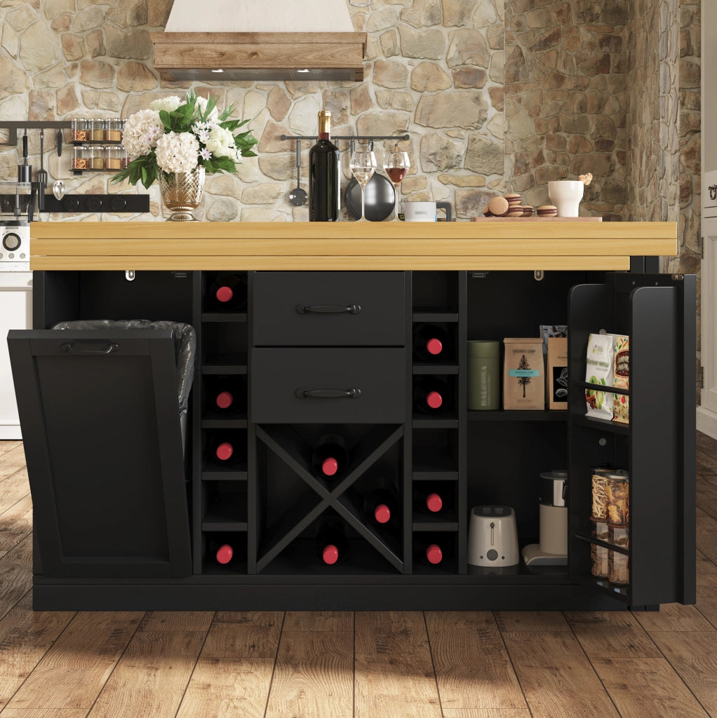 Isola cucina girevole 360° con spazio contenitivo, porta bottiglie estraibile e supporto per bidone 120–223 cm, bianco o nero