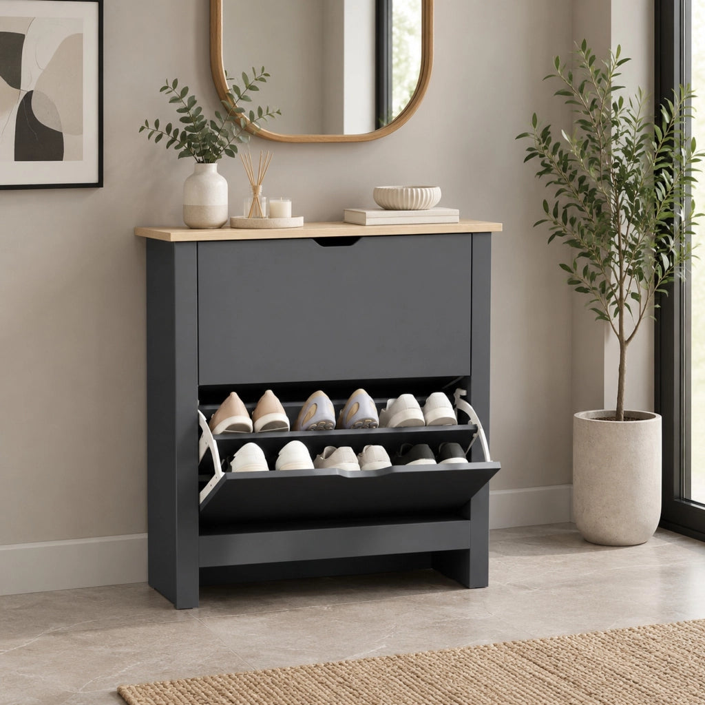 Scarpiera grigio scuro a 2 ribalte per 8-12 paia, 72 x 26 x 80 cm