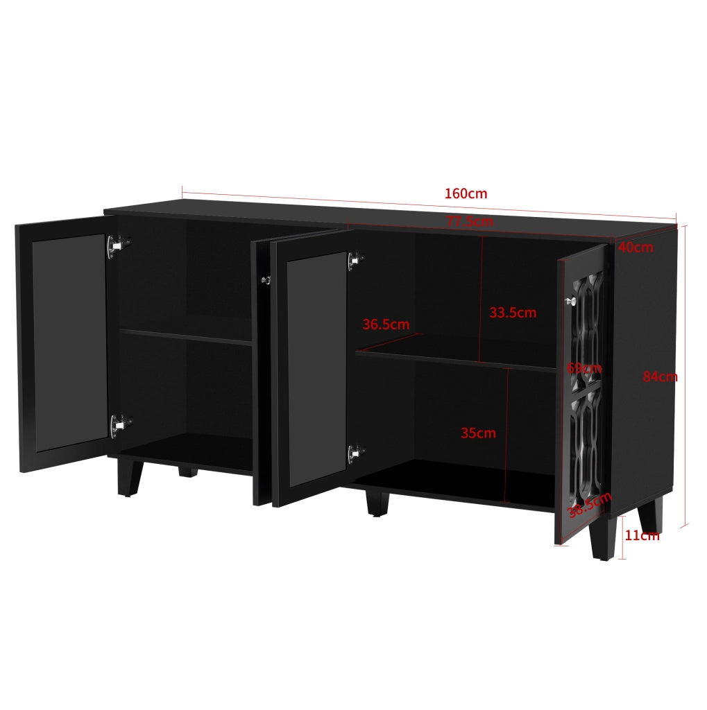 Madia nera effetto specchio con 4 ante; 2 ripiani regolabili; 160 x 40 x 84 cm