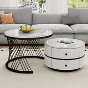 Set di 2 tavolini da caffè rotondi a incastro in MDF; bianco; 2 cassetti; 60×60×46 e 50×50×31 cm