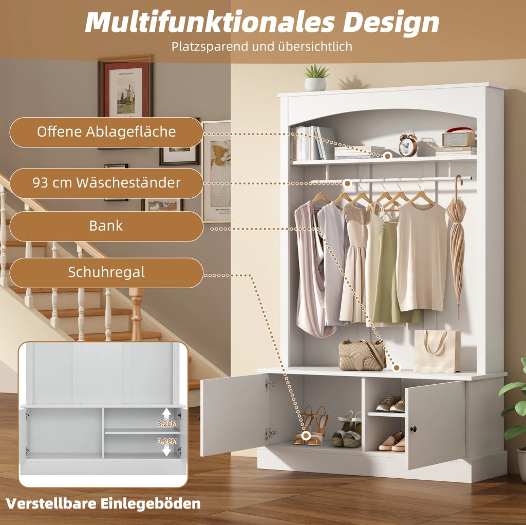 Mobile guardaroba con panca e barra appendiabiti; 120 ¡Á 40 ¡Á 190 cm; bianco