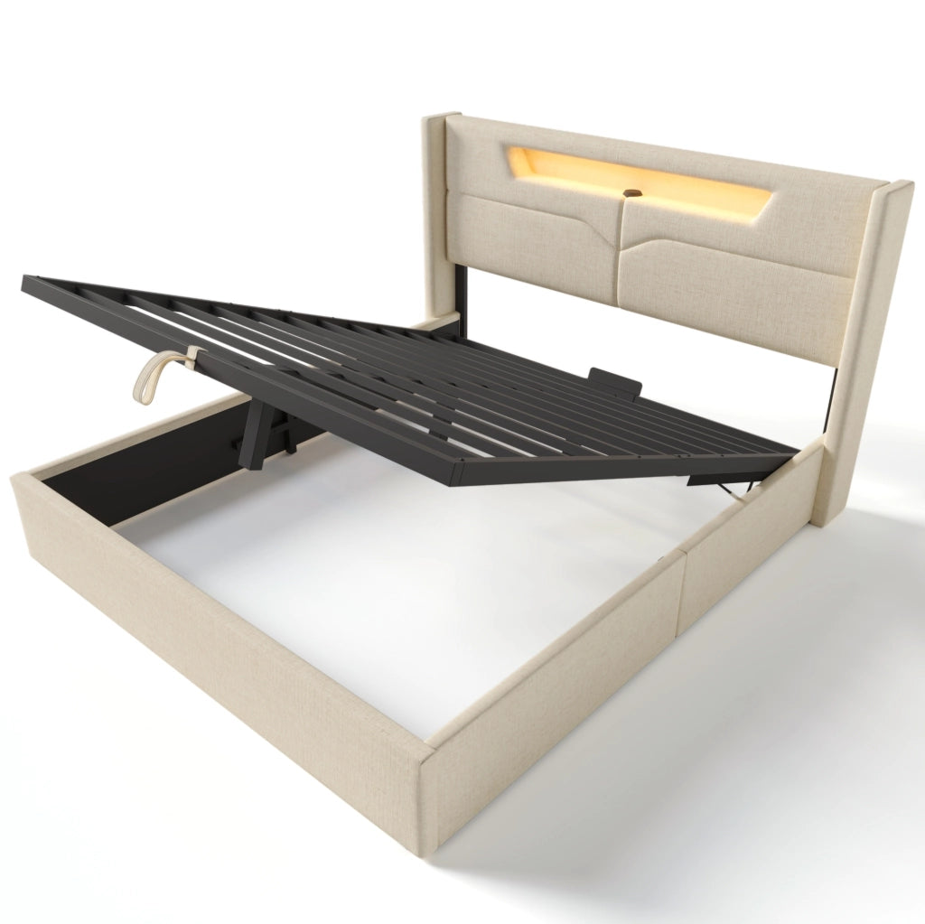 Letto matrimoniale imbottito con LED, USB e spazio contenitivo