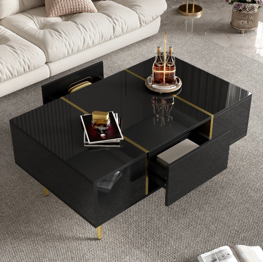 Tavolino da salotto moderno nero lucido con 2 cassetti e dettagli dorati, 100x60x41,5 cm