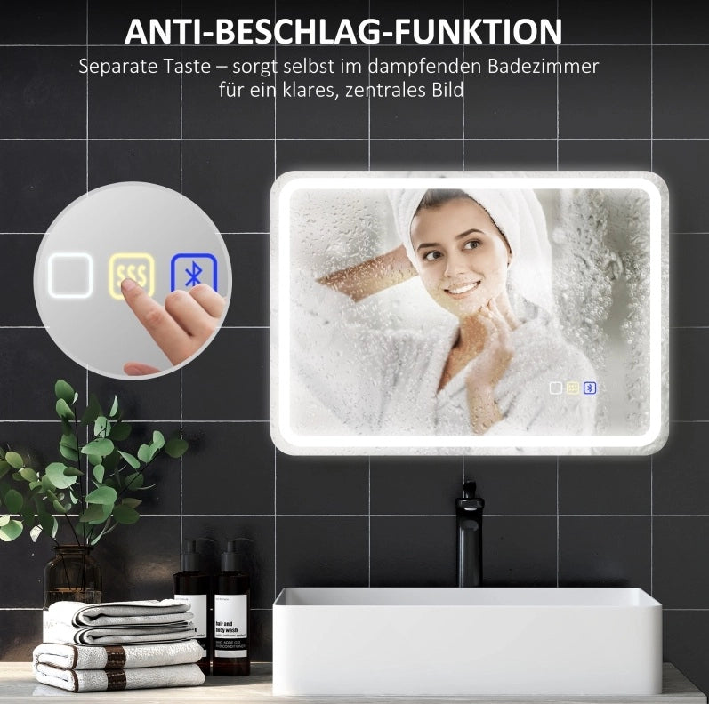 Specchio da bagno LED 50x70 cm con Bluetooth, funzione anti-appannamento, touchscreen e luce regolabile argento