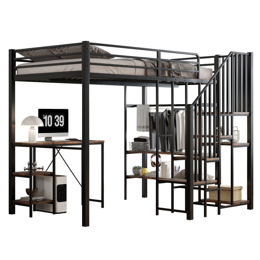 OKWISH Letto a soppalco 120×200 cm, Letto Singolo con Scala ad Angolo, Scrivania, Mensole e Armadio Aperto, senza Materasso, Nero