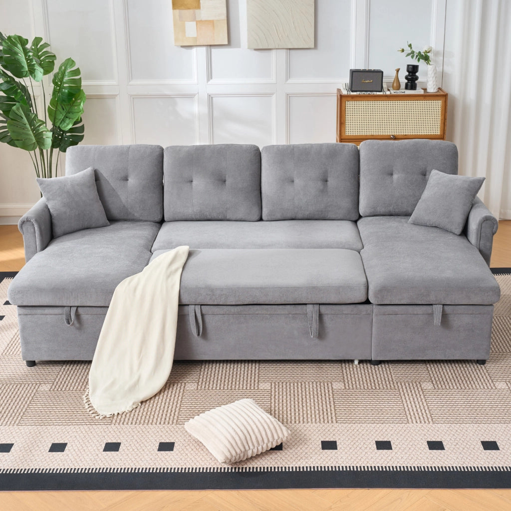 Divano angolare a U con funzione letto e contenitore, grande divano in ciniglia grigio per soggiorno o camera ospiti