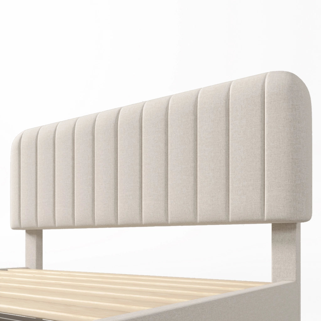 Letto imbottito 140 x 190 cm; letto matrimoniale con rete a doghe; testiera regolabile; telaio minimaliste; rivestimento in lino; grigio-beige chiaro