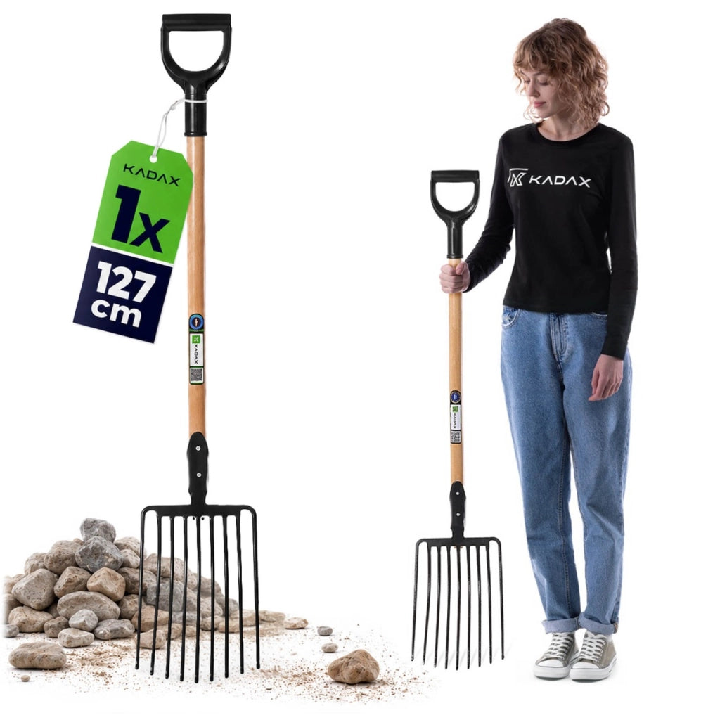 Forca da giardino KADAX a 9 denti in metallo massiccio, per pietre e pietrisco, 129 cm
