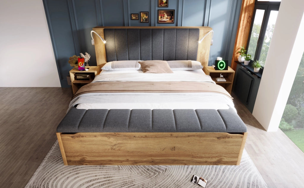 Letto matrimoniale 180x200 cm in legno con testiera reclinabile in lino, due comodini, panca contenitore e lampade da lettura con porta USB, finitura rovere