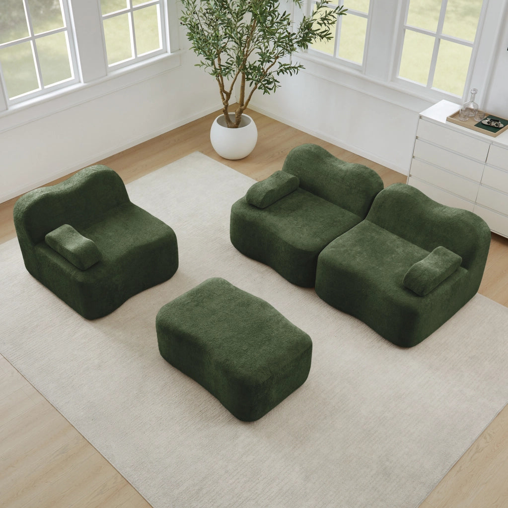 Divano modulare angolare verde in velluto, 3 posti con pouf, schiuma ad alta resilienza 32D