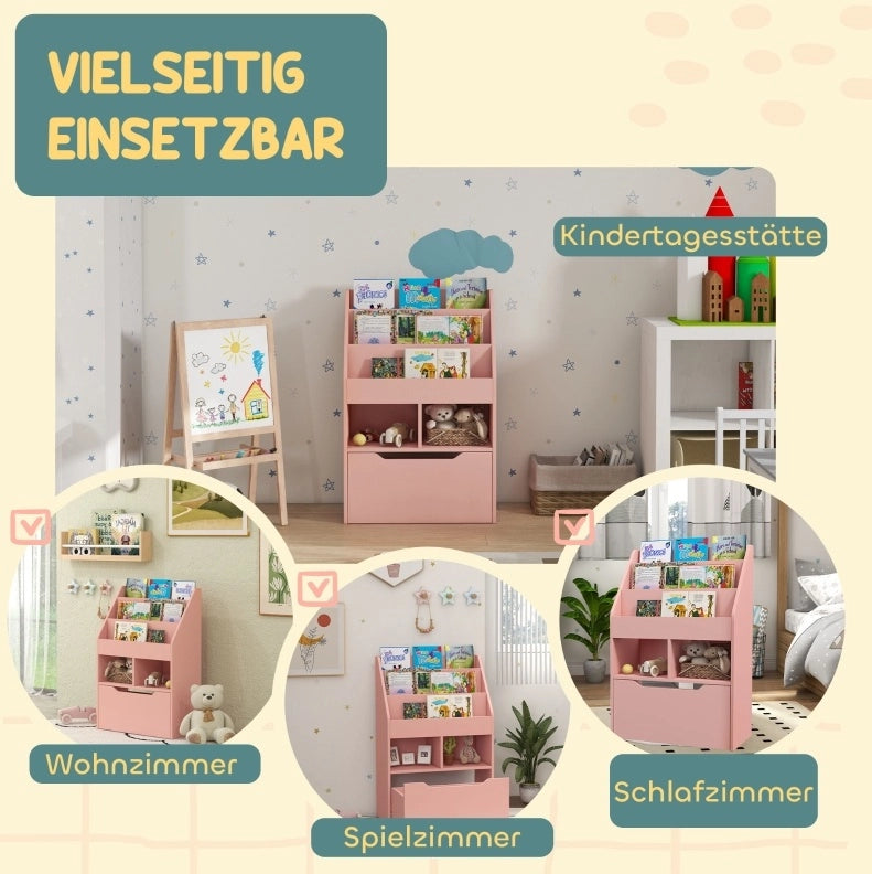 Libreria per bambini rosa con cassetto e 5 vani, 60x29,9x90 cm