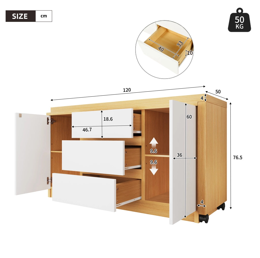 Scrivania girevole 360° 120x50x76;5 cm con 3 cassetti e 2 ante in truciolare bianco e rovere