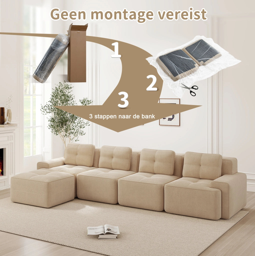 Divano modulare 4 posti con chaise longue a L, imbottito in velluto a coste beige senza braccioli