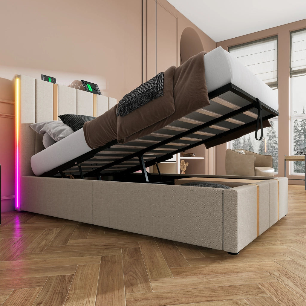 Letto singolo 90x200 contenitore beige con materasso