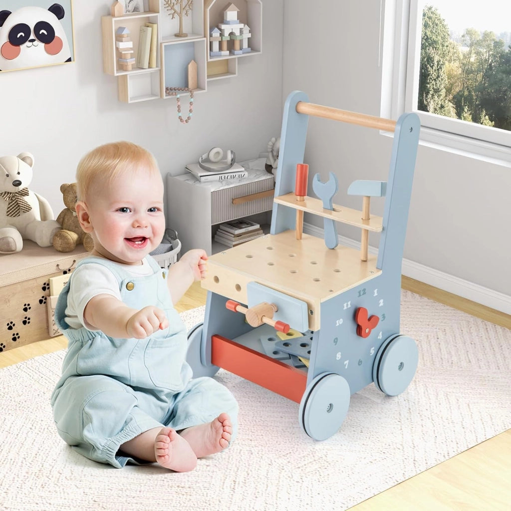 2-in-1 Girello Neonato in Legno, Camminatore con Giocattoli e Attrezzi, Primi Passi per Bambini con Montessori, Carrello Primi Passi con Ruote, con Banco da Lavoro, per Bambini 3+ Mesi