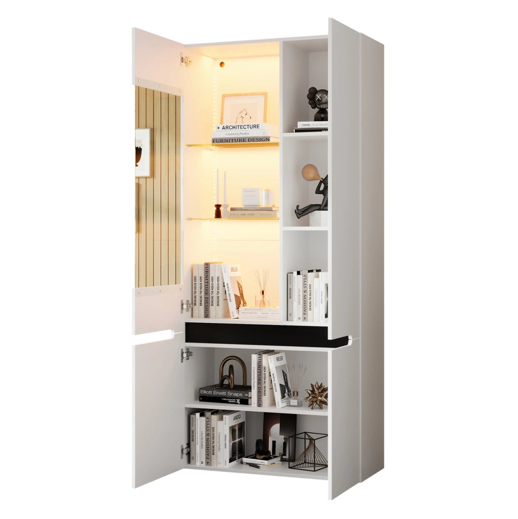 Vetrina bianca con LED, 4 ante in MDF e vetro temperato, 80×35×180 cm per soggiorno e sala da pranzo
