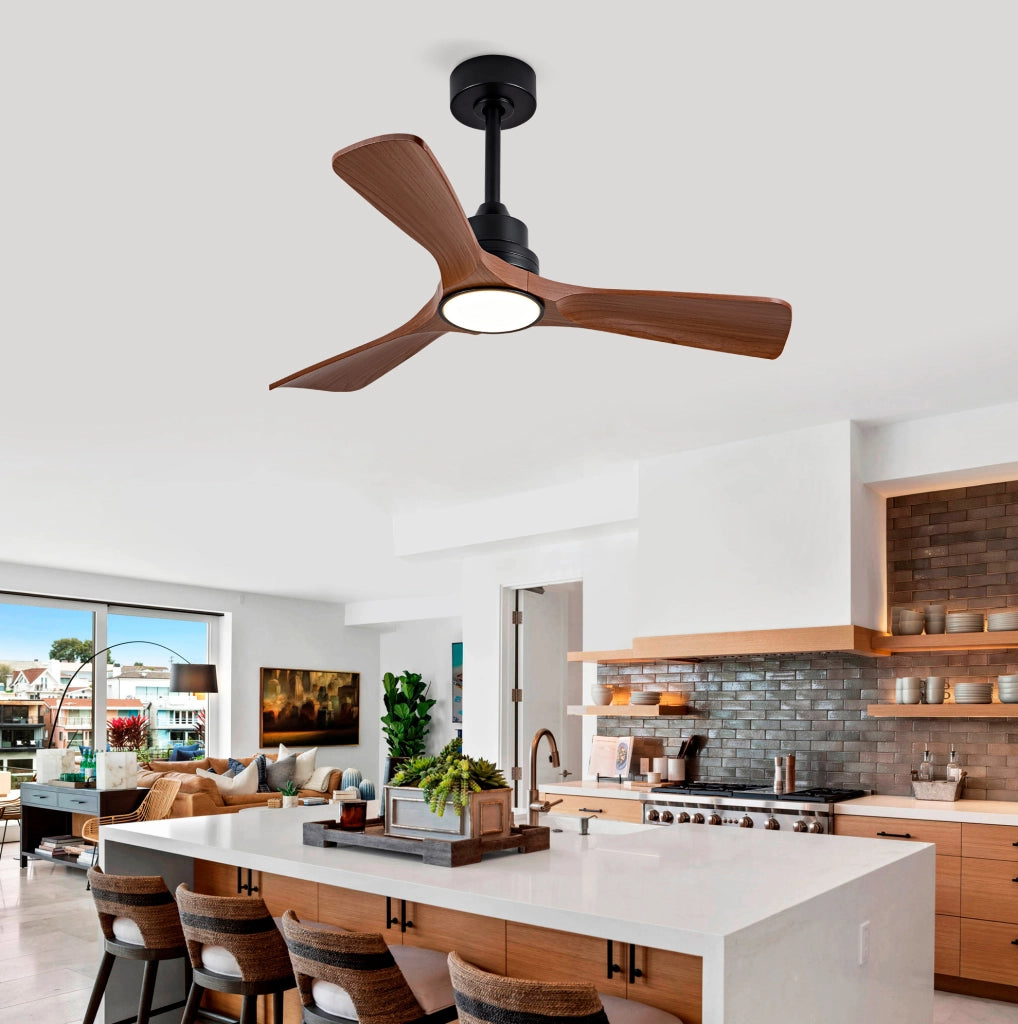 Ventilatore da soffitto ULEVR con luce LED integrata, motore DC reversibile e pale in ABS, nero e noce scuro