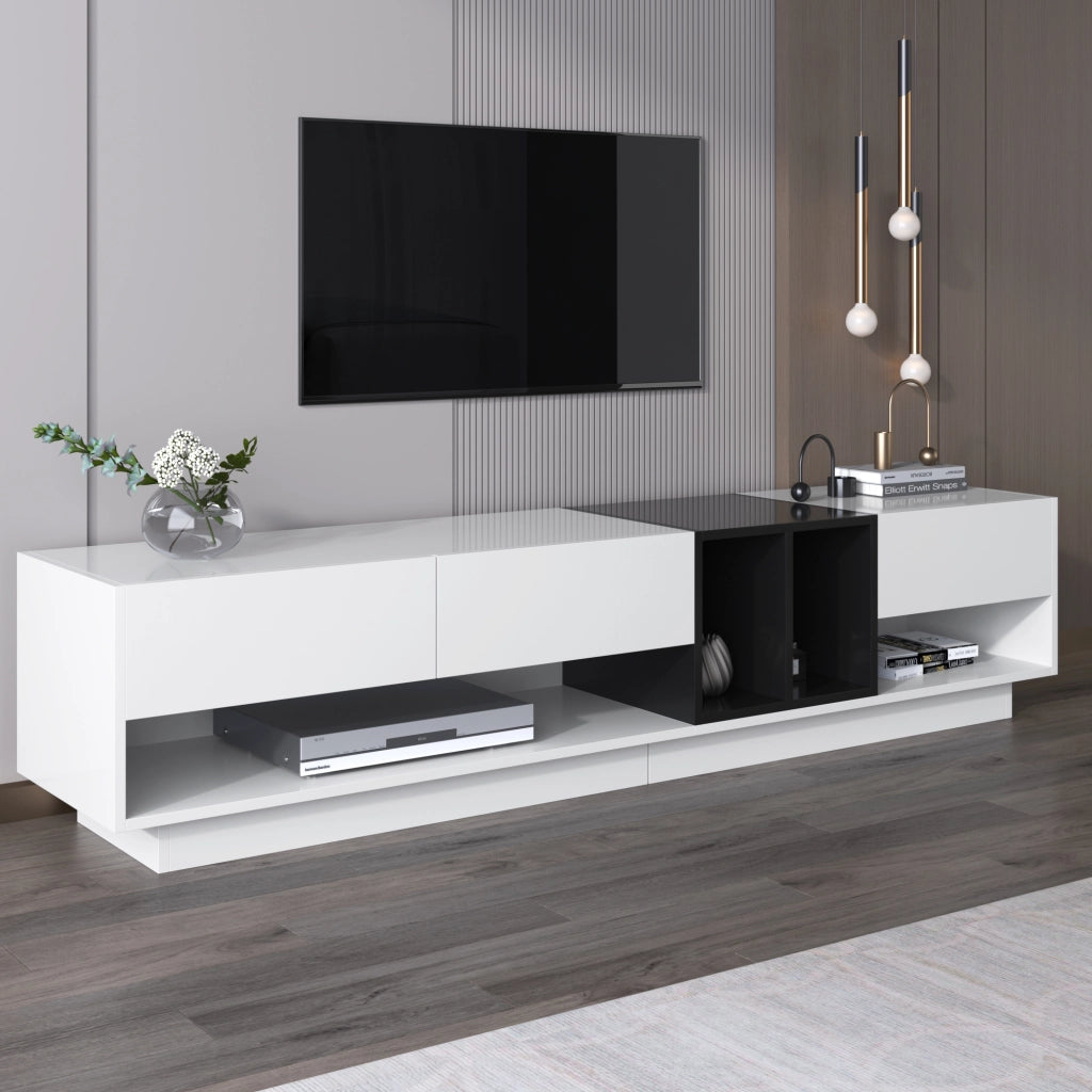 Mobile TV con 3 Cassetti e 2 Vani Aperti; Finitura Lucida; per Soggiorno; in Truciolare; Bianco