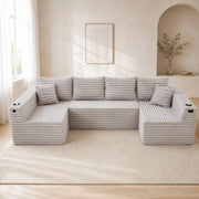 Divano modulare a U in corduroy 320x155x88 cm; grigio chiaro; con portabicchieri e tasca laterale