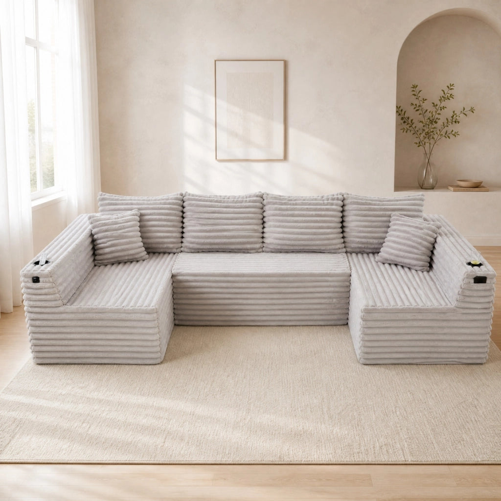Divano modulare a U in corduroy 320x155x88 cm; grigio chiaro; con portabicchieri e tasca laterale