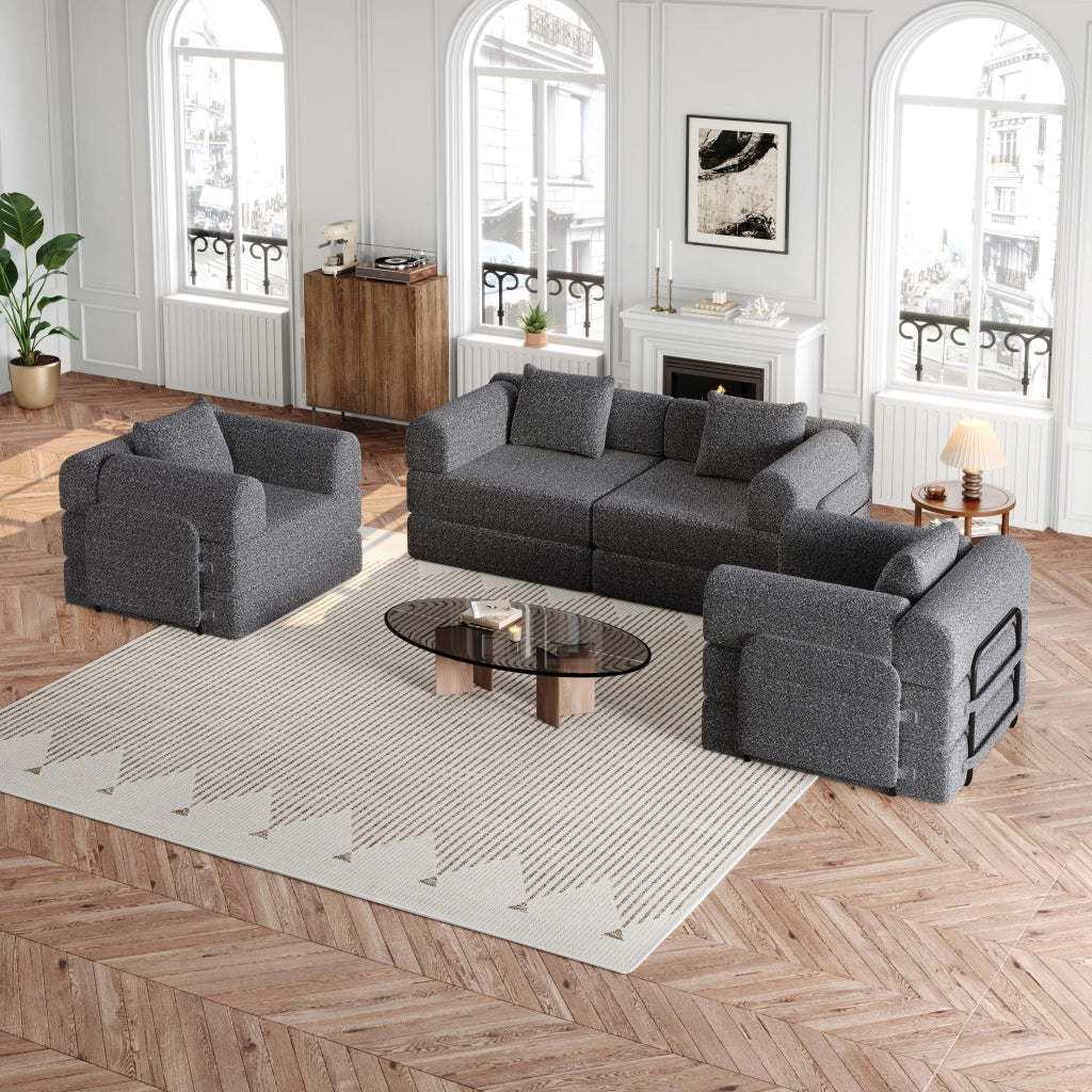 Divano letto modulare 2 in 1 con vano portaoggetti nel bracciolo e base antiscivolo in ciniglia grigio