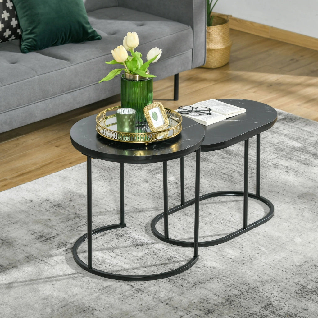 Set di 2 tavolini da salotto rotondo e ovale effetto marmo nero in MDF e acciaio impilabili