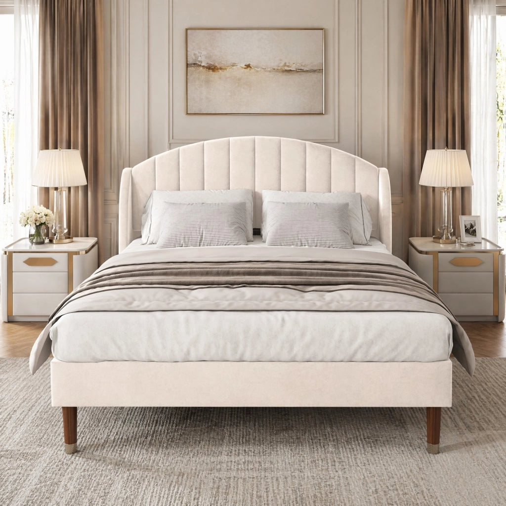 Letto imbottito 140 × 200 cm con rete a doghe e testiera imbottita in velluto beige