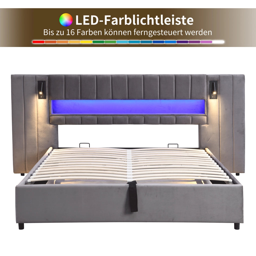 Letto contenitore 180 × 200 cm imbottito con LED porte USB lampade da comodino rivestito in velluto grigio