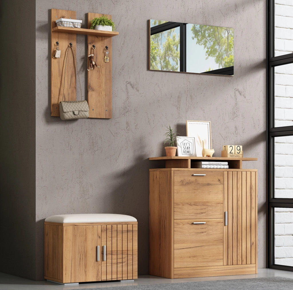 Set ingresso con panca portascarpe; specchio e ganci; 140x35x133 cm; effetto legno naturale