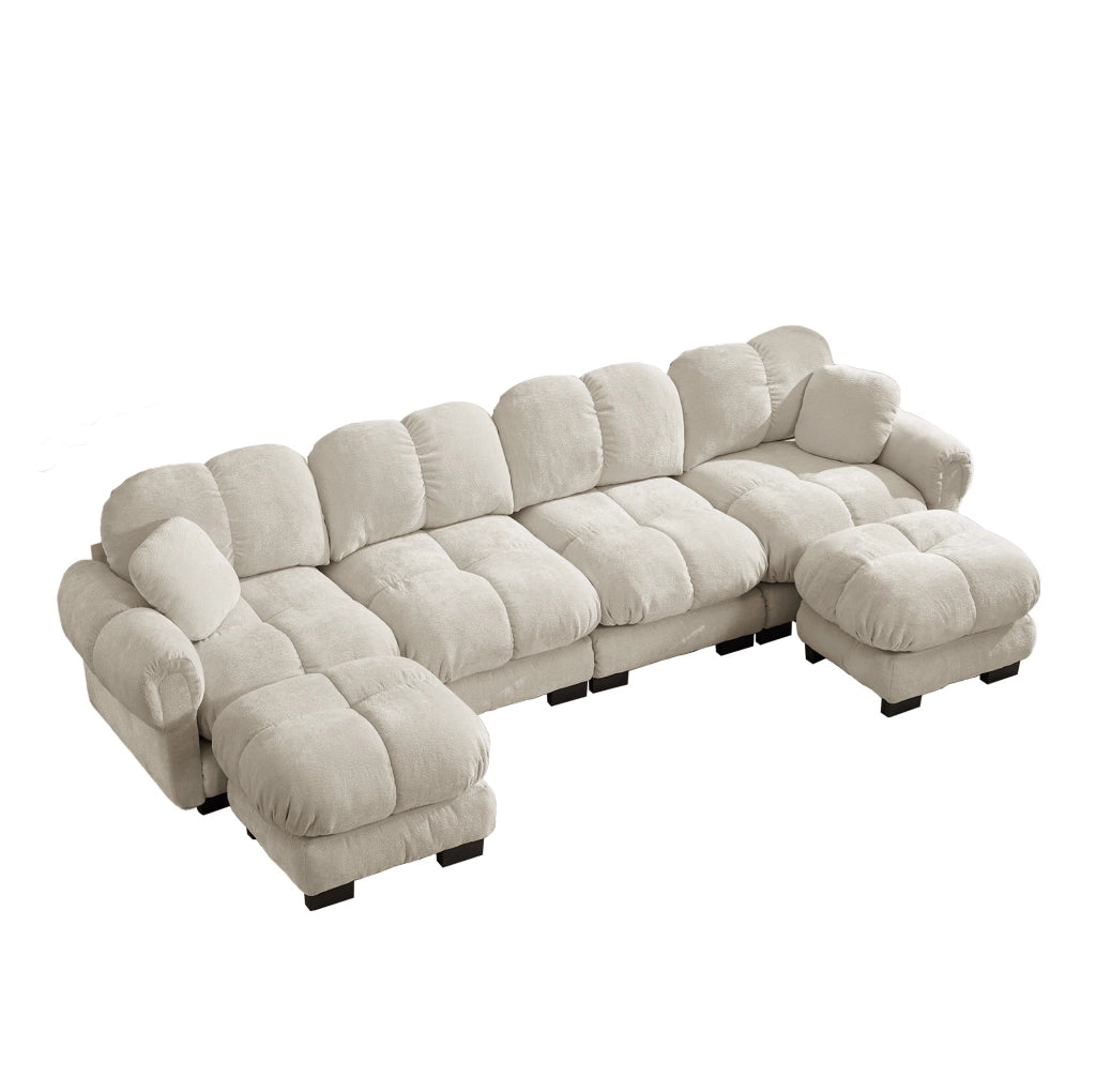 Divano angolare modulare a U 4 posti in tessuto chenille, colore kaki chiaro, con 2 pouf mobili
