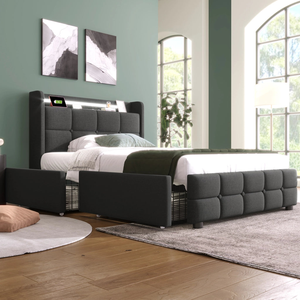 Letto con cassetti 90 × 200 cm con LED; prese USB e testiera imbottita in lino grigio
